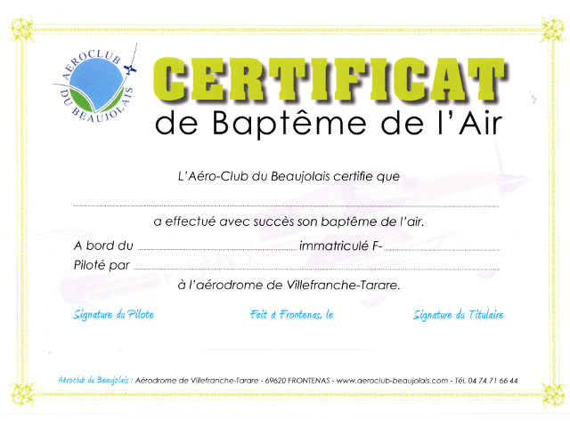 Certificat Baptême de l'Air Certificat Baptême de l'Air